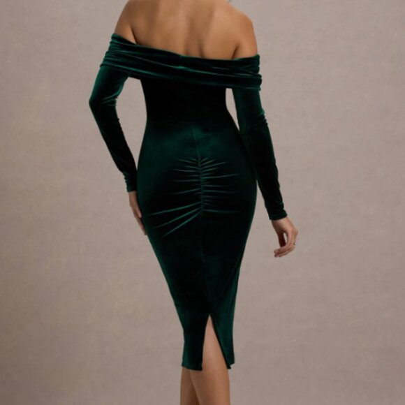 Compliment Bottle Green Velvet Bardot Midi Dress - Picture 2 of 4